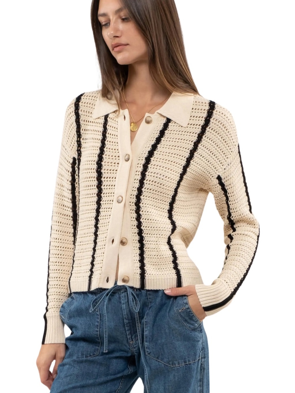 Blu Pepper Cream and Black Striped Crochet Button-Up Cardigan